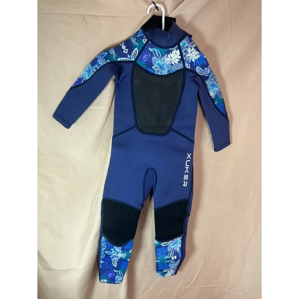 XUKER Wetsuit Kids Size 2 Blue Excellent Floral Print 2mm Neoprene Front Zip
